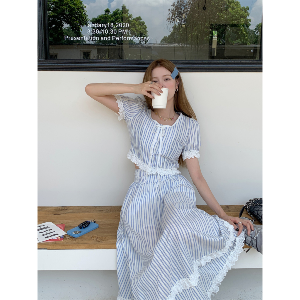 CHAWY Blue strip set C4099 ชุดเข้าเซ็ท ชุดเดรสน่ารักๆ