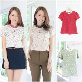 Narinari : MT3906 Overlap Collar Double Button Blouse เสื้อคอปิด จับจีบปลายแขน