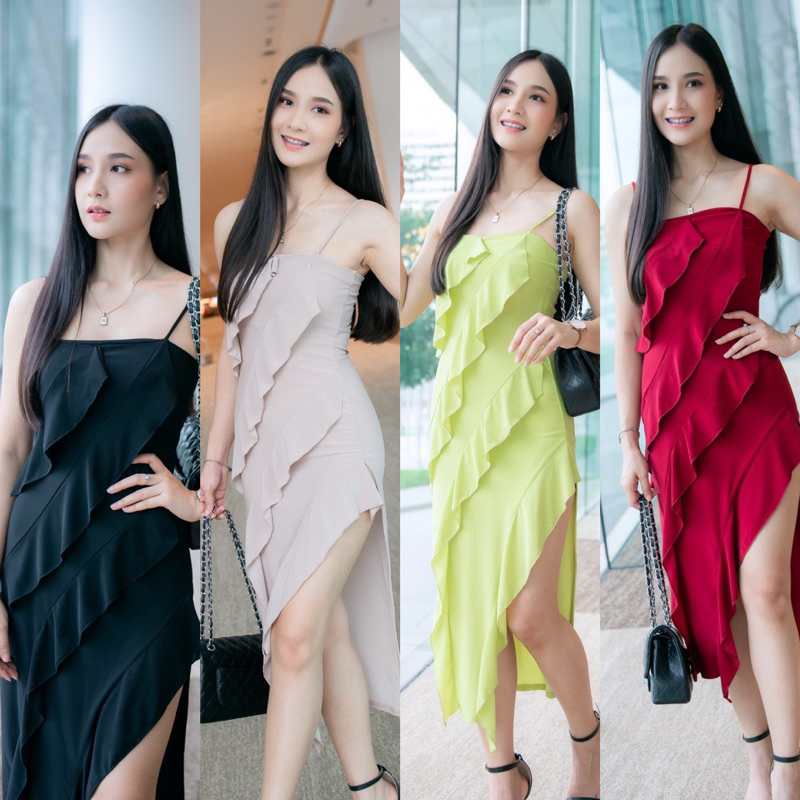 เดรสสายเดี่ยวยาว กระโปรงผ่าข้าง แต่งระบาย ไฮโซสุดๆ ชุดไปงานแต่ง ชุดออกเดท ชุดเที่ยวกลางคืน ชุดไปทะเล เดรสเข้ารูป