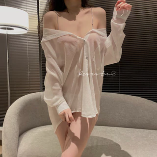 Sex Girl ชุดนอนแบบเซ็กซี่ เสื้อเชิ้ตเซ็กซี่ วัสดุโปร่งแสง ลูกไม้ใสเซ็กซี่ พร้อมส่งจากไทย（H9132）