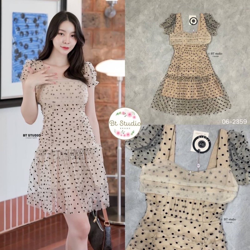 ❤️SALE❤️มือ1👆🏻: เดรสชีฟองนิ่มแต่งลายจุดกำมะหยี่ มีซับในผ้าไม่บาง ใส่สวยสุดๆ ป้าย Bt studio ไซด์ S/L😻