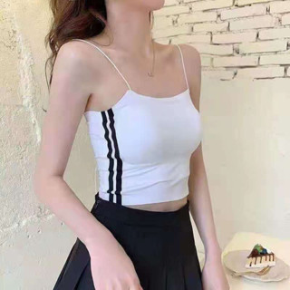 2018 เสื้อสายเดี่ยว แฟชั่นผู้หญิง ครอป สายฝอ เซ็กซี่ สีพื้น แต่งแถบด้านข้าง ผ้านุ่มลื่น มีฟองน้ำ ไร้โครง ฟรีไซส์ อก32-36