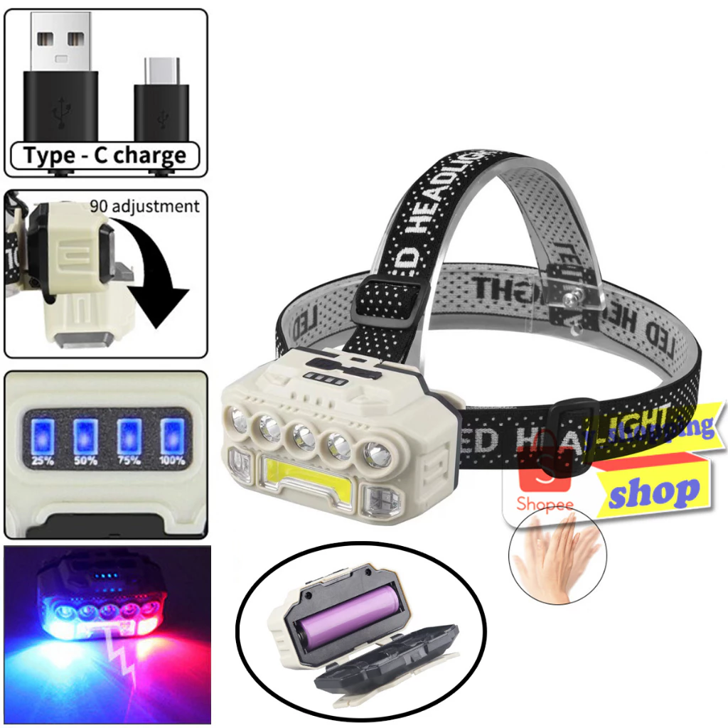 HX-817S ไฟฉายคาดหัว sensor ปิดเปิด USB Rechargeable 5โหมด( เปลี่ยนแบตเตอรี่ได้)