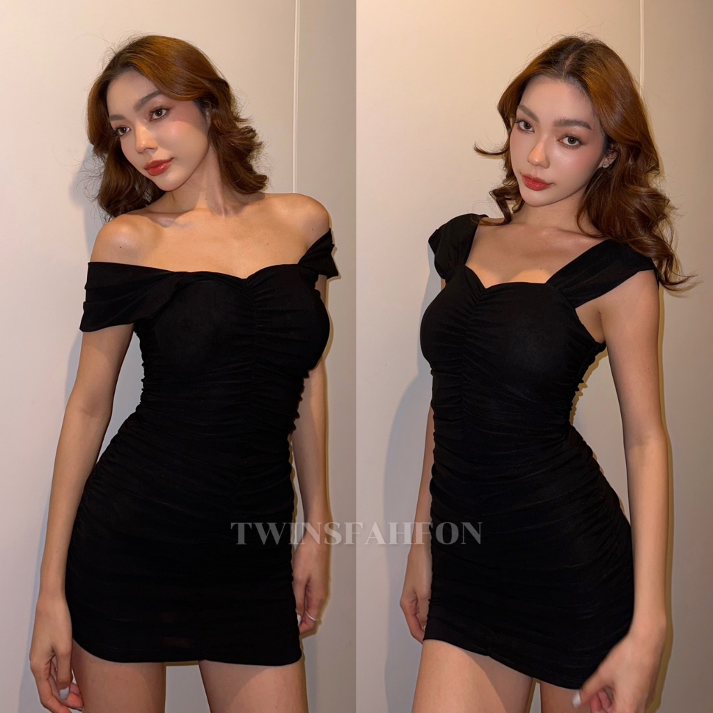 Celebrity Dress เดรสผ้ายืดเรียบหรูดูแพงใส่ได้ 2แบบ เสริมฟองน้ำดันทรงในตัวสวยจบในตัวเดียว Twinsfahfon