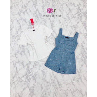 A256 Set Denim + T-Shirt เซ็ทเอี๊ยมยีนส์ขาสั้นปักเลื่อมกับเสื้อยืดสีขาวสุดน่ารัก