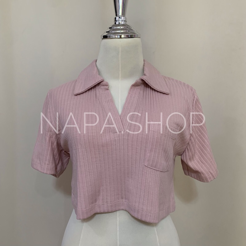 Napa.Shop🌷เสื้อครอปคอปก ครอปแขนสั้น เนื้อผ้าร่อง