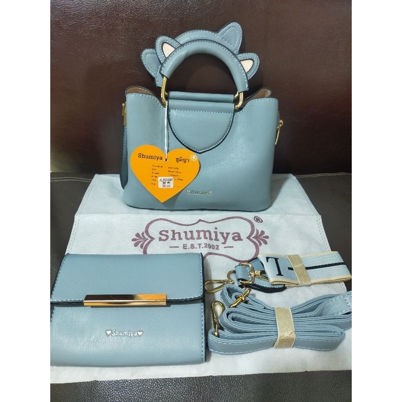 (New)Shumiya::กระเป๋าสะพายมินิหูแมว สีฟ้าอมเทา+เป๋าตังค์ใบลูก
