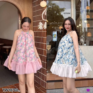 18760 เดรสสั้น สายผูกโบว์คอ ปรับรูดเองได้ Short dress with bow neckline. can adjust by yourself