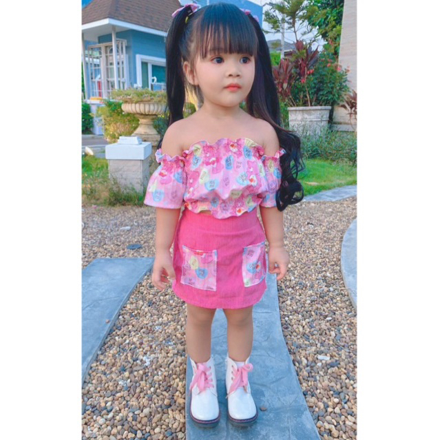 ชุดเด็กผู้หญิง ลายหมีแคร์แบร์สีชมพู กระโปรงผ้าลูกฟูก