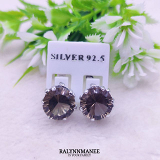 P6428 ต่างหูพลอยสโมกกี้ควอตซ์แท้ ( Smoky Quartz ) แบบอิงลิชล็อค ตัวเรือนเงินแท้ 925 ชุบทองคำขาว