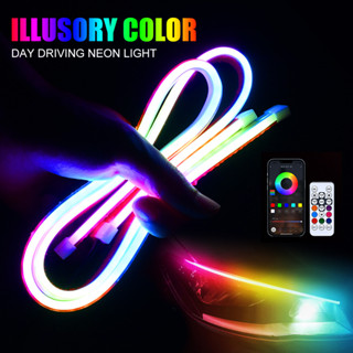 2 ชิ้นรถ LED นีออนไฟ DRL RGB ไฟวิ่งกลางวัน APP และรีโมทคอนโทรลไฟท้ายแถบสีสันไหลเลี้ยวสัญญาณกันน้ำ