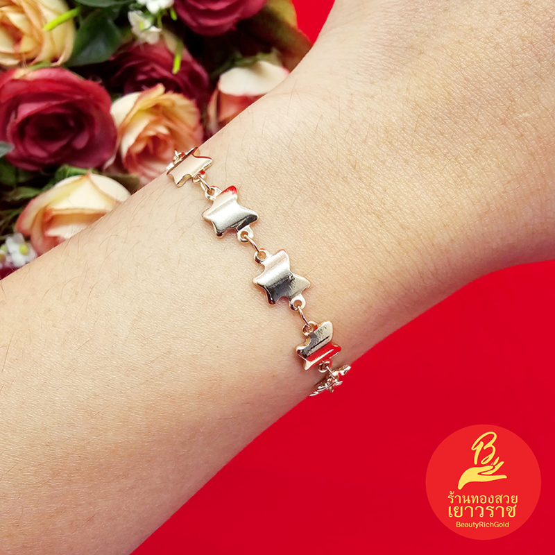 สร้อยข้อมือลายผีเสื้อ แฟชั่น  ความยาว 7 นิ้ว ตะขอก้ามปู สี 14K  ทองเค ใส่ได้ทุกโอกาส ใส่อาบน้ำได้ รูปถ่ายจากสินค้าจริง