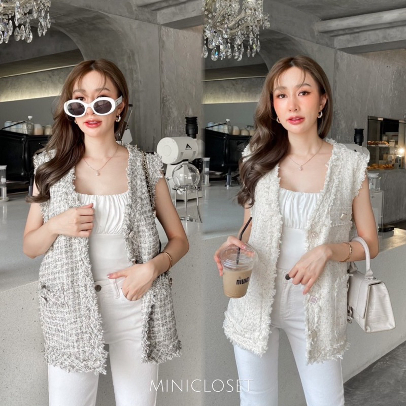 #เสื้อทวีตน่ารัก, #เสื้อกั๊กผ้าทวีตดีไซน์ไฮแฟชั่น, #เสื้อทรงสูทแขนกุด, #เสื้อกระดุมไฮเอนด์, #เสื้อผ้าแฟชั่นอัปเดตล่าสุด
