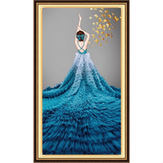 *พร้อมส่ง* ชุดปักครอสติชพิมพ์ลาย หญิงสาว ผู้หญิง เดรสฟ้า (Beautiful blue girl Cross stitch kit)