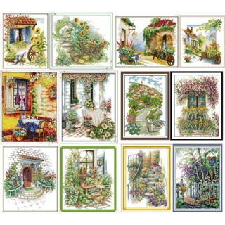 ชุดปักครอสติช ในสวน ดอกไม้ นั่งเล่น วิว สวน (Garden flower Cross stitch kit)