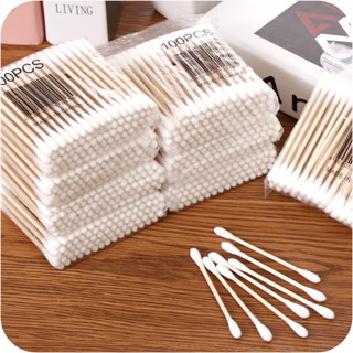 คอตตอนบัด สำลีก้าน 100 ก้าน[4E-28] Cotton buds สำลีปั่นหูด้ามไม้ สำลีไม้ สำลีเช็ดเครื่องสำอาง