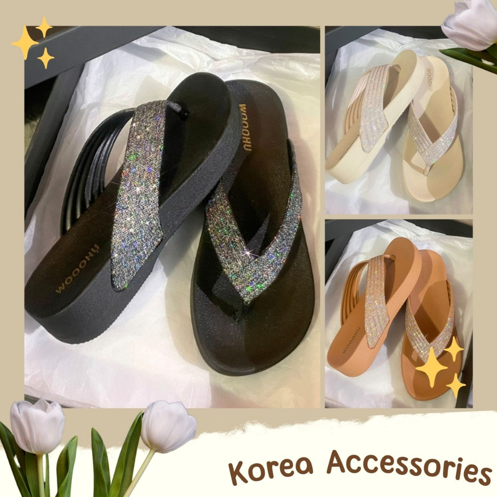 Korean  รองเท้าแบบหูหนีบ แต่งคาดประกายเพชร สีพื้น 3 สี