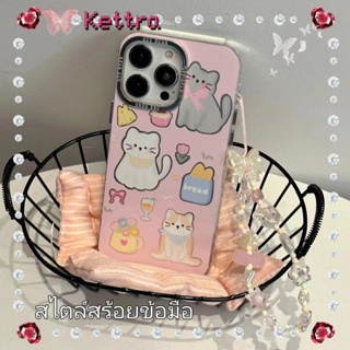 💜Kettra💜สไตล์สร้อยข้อมือ การ์ตูน ลูกแมว เส้นขอบโปร่งใส iPhone 11 14 pro max ป้องกันการหล่น สีชมพู case for iPhone 12 13