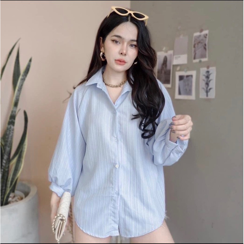 C2 เสื้อเชิ้ตทรงแขนบอลลูน เนื้อผ้าเปลือกไม้ ผ้าไม่ต้องรีด