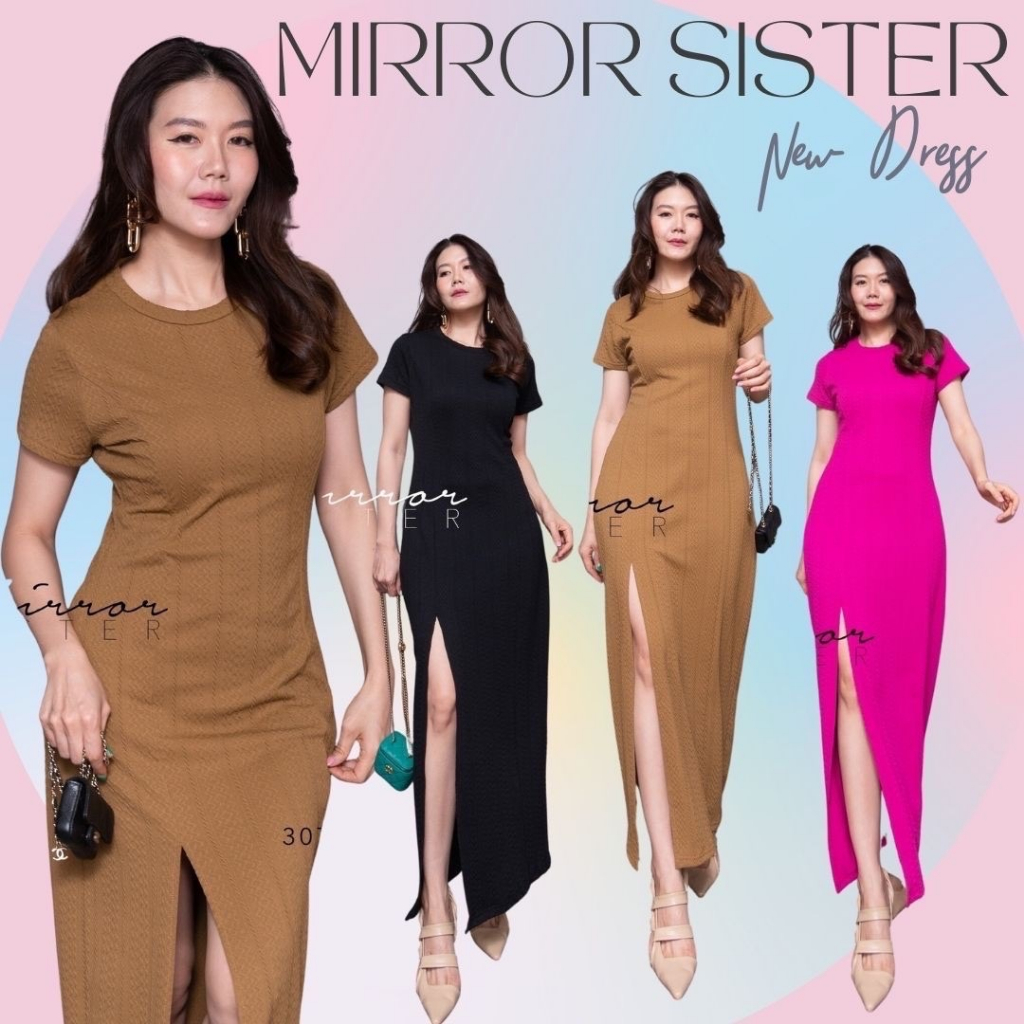 Mirrorsister 30701.3 เดรสแขนสั้นคอกลม เบสิคสไตล์ ใส่ง่ายeasywear แพทเทรินสวยทรงพอดีตัว แต่งผ่าหน้าสูงกำลังดี
