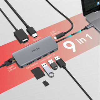 UNITEK HUB 9-in-1 USB-C Ethernet Hub with Dual Monitor, 100W Power Delivery and Dual Card Reader รุ่น D1026B