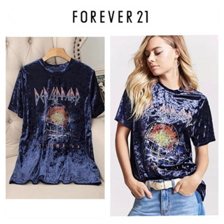 เสื้อกำมะหยี่ สีน้ำเงิน สกรีน Def Reppard  งานแบรนด์✨FOREVER21✨แท้%💯% ป้ายครบ (TS132)