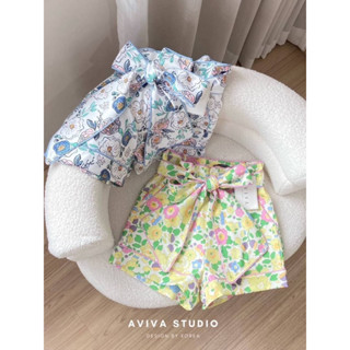 Aviva studio 💛🩵 กางเกงขาสั้นลายดอกเอวสูง summer