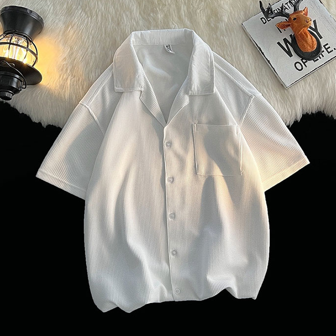 พร้อมส่ง WMA26 เสื้อเชิ้ตฮาวายคอปกแฟชั่นฤดูร้อนผู้ชาย ผ้าเป็นริ้วๆนิ่ม สีขาว/ดำ M-XXL ทรงหลวมบางเบาใ
