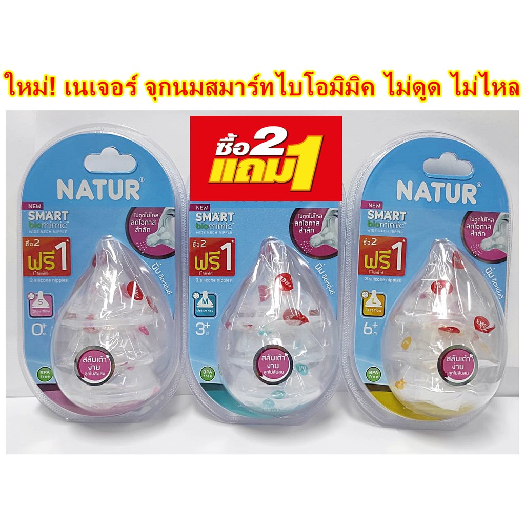 Natur- จุกนมฐานกว้าง รุ่น สมาร์ทไบโอมิมิค แพค 2 ฟรี 1