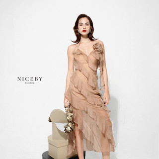 Beige Chiffon Ruffle Midi Dress - เดรสสีเอิร์ธโทน