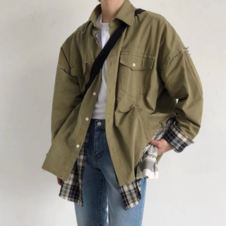 [พร้อมส่ง] เสื้อคลุมเขียวคอปกแต่งสก็อต เกาหลีมินิมอล