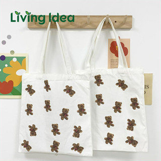 Living idea กระเป๋าผ้าแคนวาส กระเป๋าสะพายไหล่ สกรีนลายน้อนหมี 🧸 ใช้ได้ทั้ง ชาย/หญิง