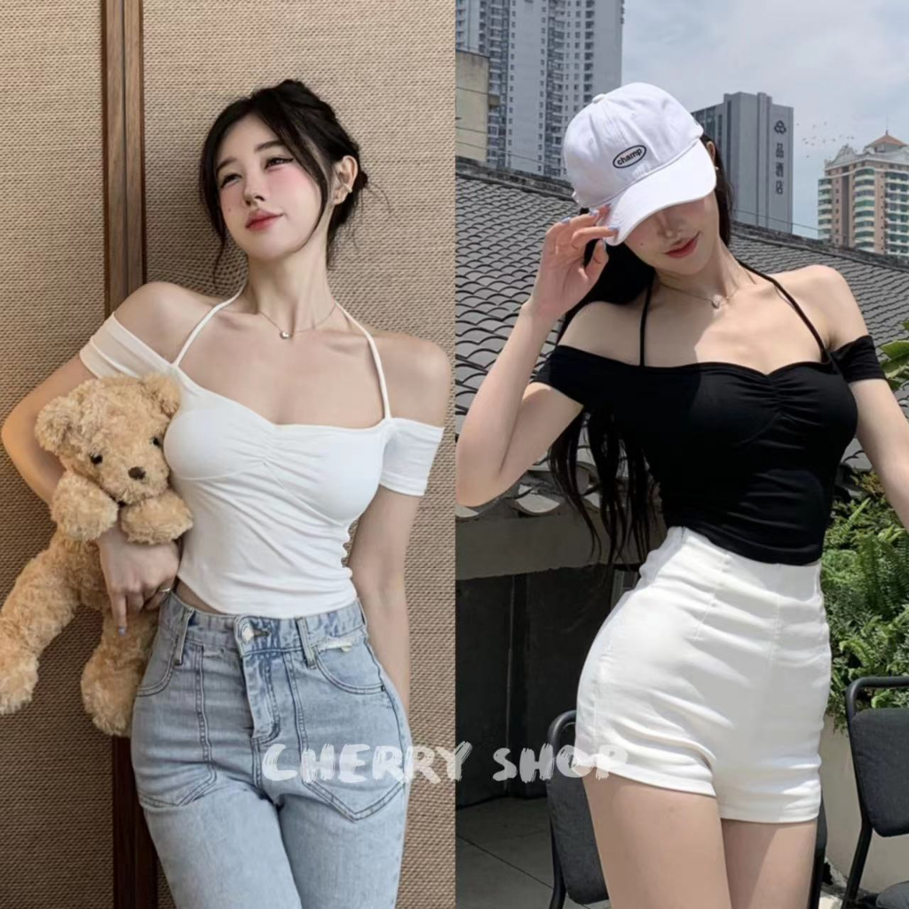 cherryshop พร้อมส่ง🔥เสื้อท่อนบน🍒เสื้อไหล่เดียวพร้อมตัวแขวนแบบครอป
