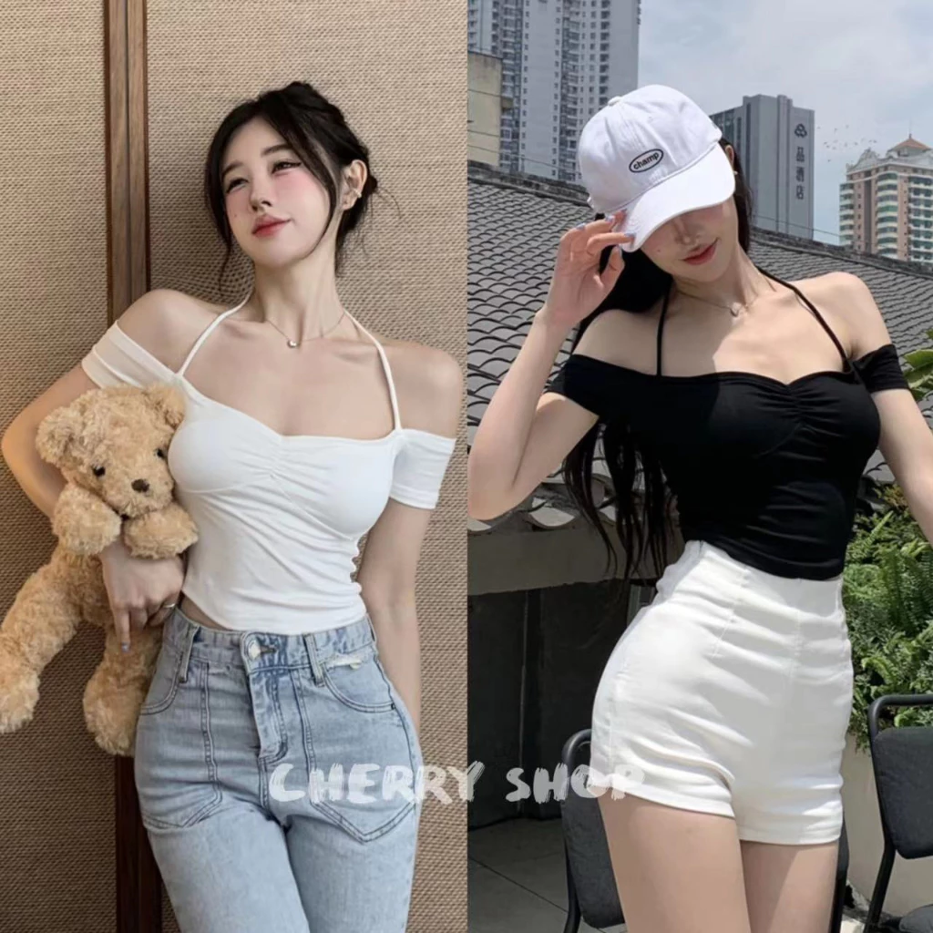 cherryshop พร้อมส่ง🔥เสื้อท่อนบน🍒เสื้อไหล่เดียวพร้อมตัวแขวนแบบครอป