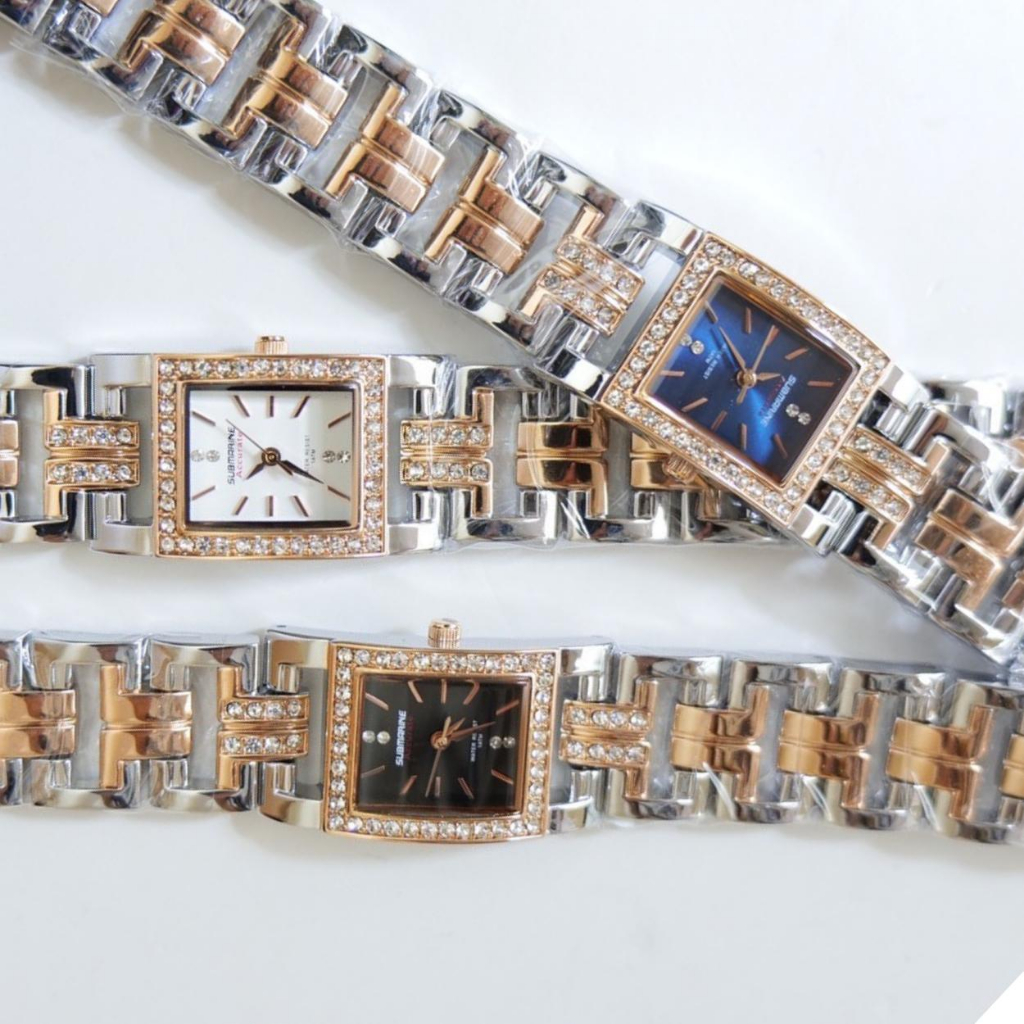 Us Submarine นาฬิกาผู้หญิง สายโซ่2กษัตริย์เงินโรสโกลด์ หน้าปัดล้อมเพชร เลข 12 6 แทนด้วยเพชรคู่