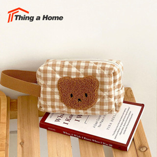 Thing a Home กระเป๋าใส่เครื่องสำอางค์ ลายตารางปักหน้าน้องหมี Bag Cute Bear