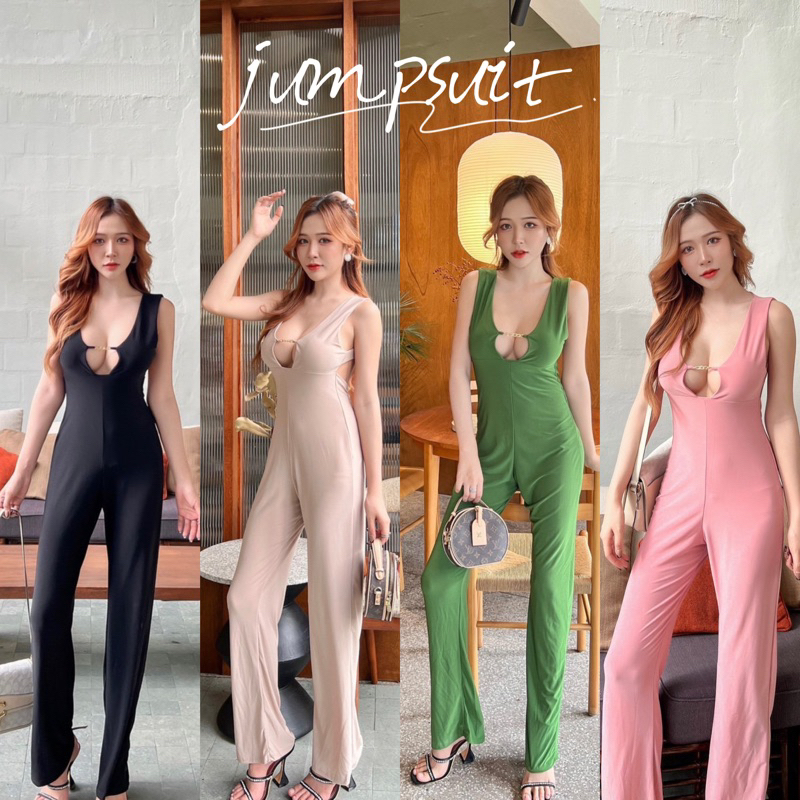 พร้อมส่ง 9 สี จั้มสูทขายาว ดีเทลแต่งโซ่ เว้าอก โชว์หลัง สุดเซ็กซี่ ชุดจั้มสูทขายาว ชุดเดรสยาว ชุดคริสต์มาส
