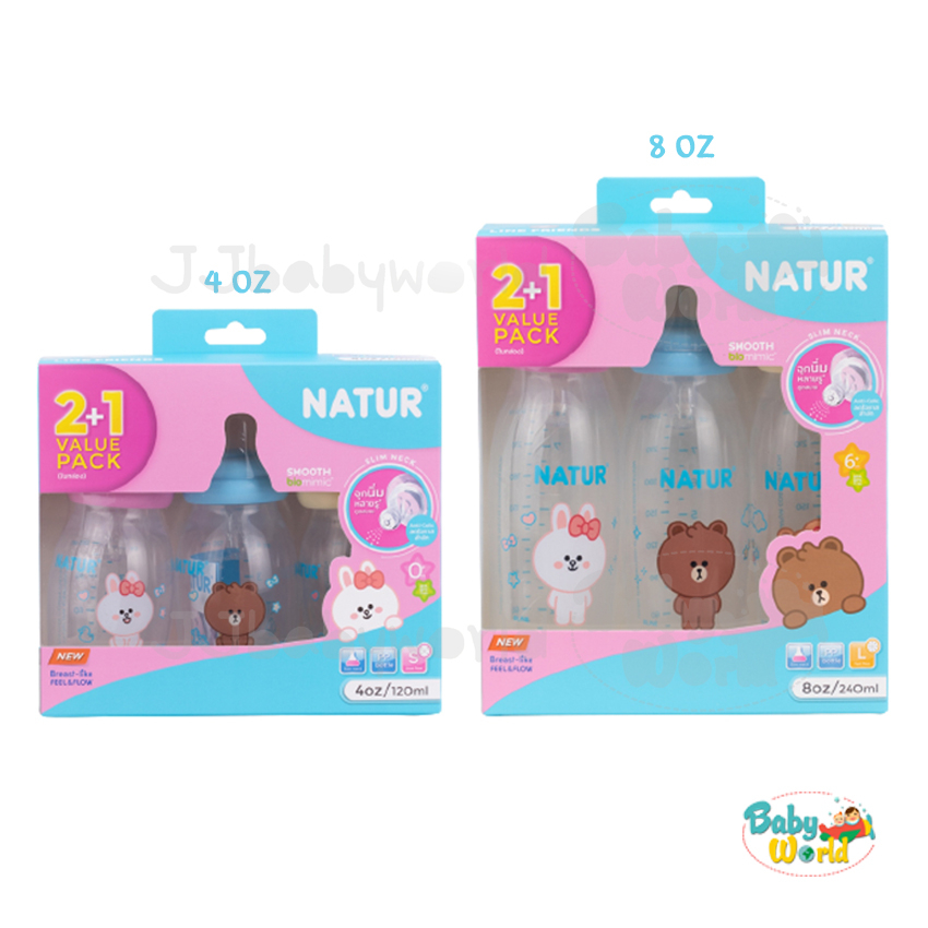 ขวดนม คอแคบ Smooth biomimic 4 / 8 ออนซ์ Line friend 2+1 ขวด จุกเสมือนนมแม่ หลายรู