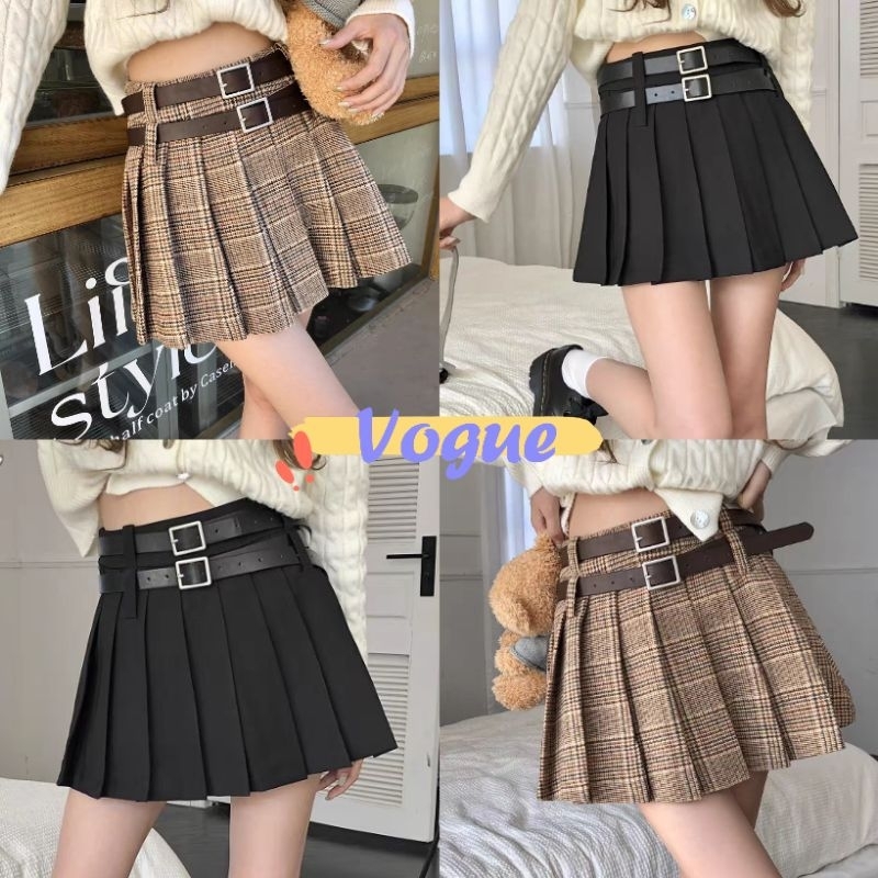 Vogue🌟พร้อมส่ง🌟 กระโปรงสั้นลายสก็อต มีเข็มขัด 2 เส้น เก๋และเซ็กซี่ (606NEW) -NZ-XM
