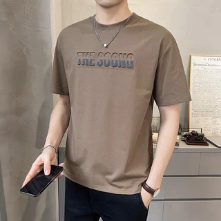 เสื้อยืดคอกลมแขนสั้น เสื้อยืดผู้ชาย ลายอังกฤษสไตล์นูน ลายเท่ๆผ้าดีใส่สบาย