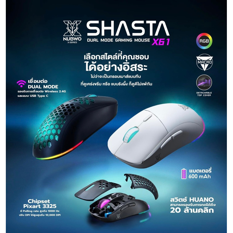 Nubwo X61 WIRELESS & WIRED MACRO เมาส์เกมมิ่งไร้สาย เปลี่ยนกรอบได้ มีไฟ RGB ปรับ DPI ได้ ของแท้รับปร