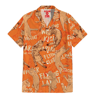 เสื้อฮาวายไหมอิตาลี แขนสั้น แชปเตอร์วัน ลายแมวเต้นสีส้ม / Orange Cat Italain Silk Hawaii Shirt Chapter One Over Size