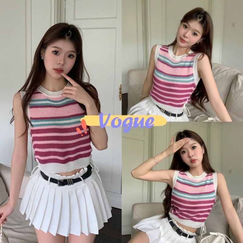 Vogue พร้อมส่ง เสื้อครอปถักไหมพรม คอกลม แขนกุด ลายทางสีชมพู (32178) -C