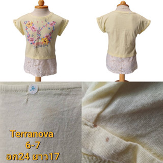 Terranova เสื้อยืดสีเขียวสกรีนดอกไม้ ชายเสื้อด้านล่างยาวเป็นลูกไม้สีขาว