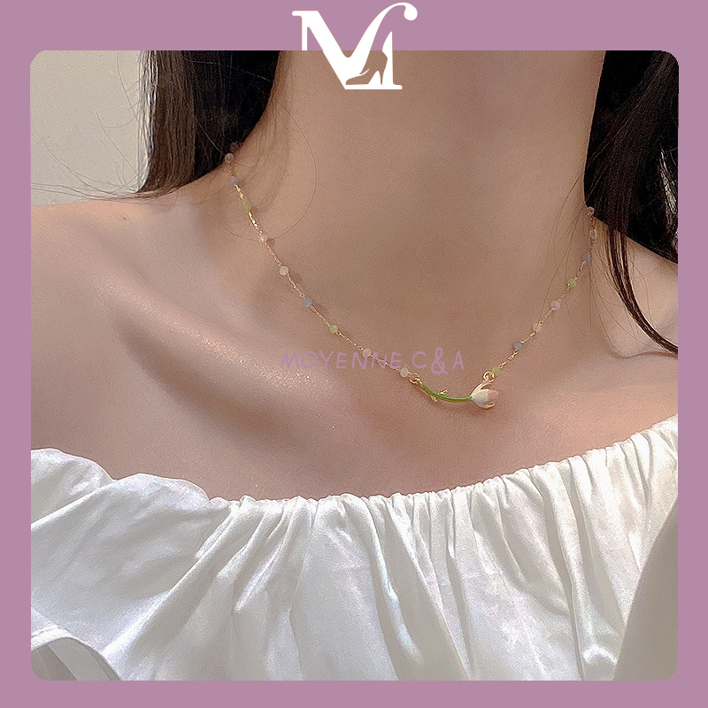 สร้อยคอผู้หญิงแฟชั่นสร้อยคอดอกไม้ดอกทิวลิปกระดูกไหปลาร้าโซ่พู่จี้สร้อยคอเครื่องประดับแฟชั่น