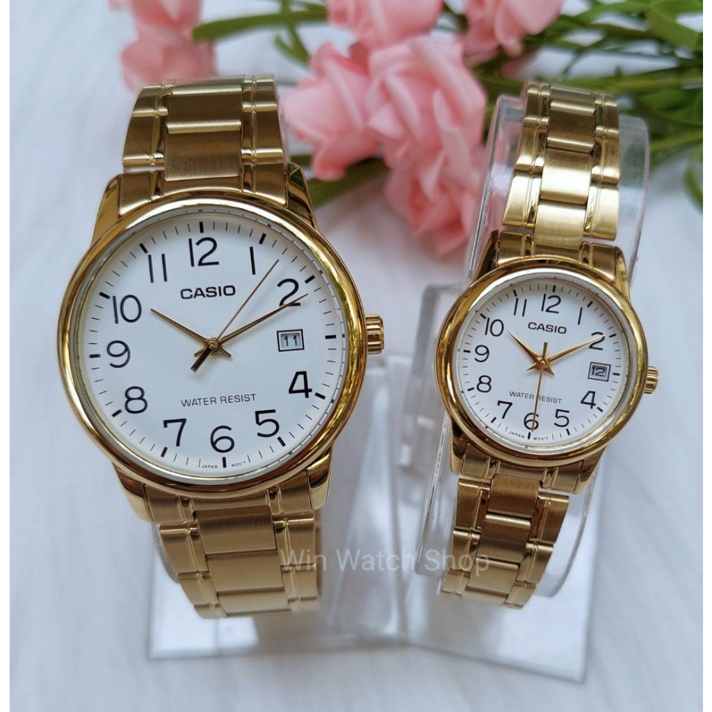นาฬิกา Casio Set คู่รัก รุ่น MTP-V002G-7B2 และ LTP-V002G-7B2 นาฬิกาสายแสตนเลสสีทอง -ของแท้ 100% รับป