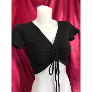 New-แซ่บมากคะสาว-เสื้อครอปรูดหน้า-คอวีผ้าดีผ้ายืดผ้าร่องทรงส…
