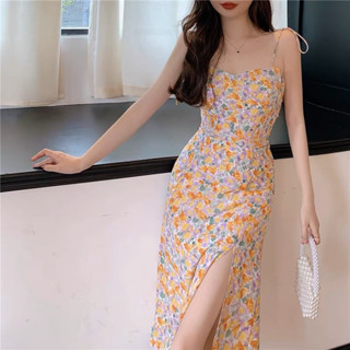 (พร้อมส่ง S)🍊Juicy dress เดรสกระโปรงยาวสายเดี่ยวสม๊อคหลัง