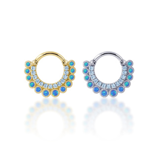 PiercingRoomByJay,  Double Crown CZ/Sky Blue Opal Clicker Hoop  ห่วงเพชร/โอปอล เงินแท้