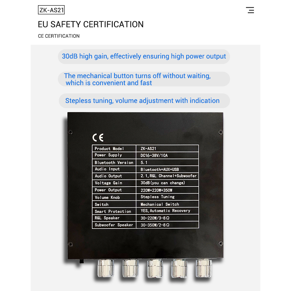 【สินค้าพร้อมจัดส่ง】100%!Wuzhi ZK-AS21 TPA3255 ขับซับ10นิ้ว 2Ω แอมป์จิ๋ว สเปคเทพ 2.1 220w+220w+350w 16-38V 10A👆